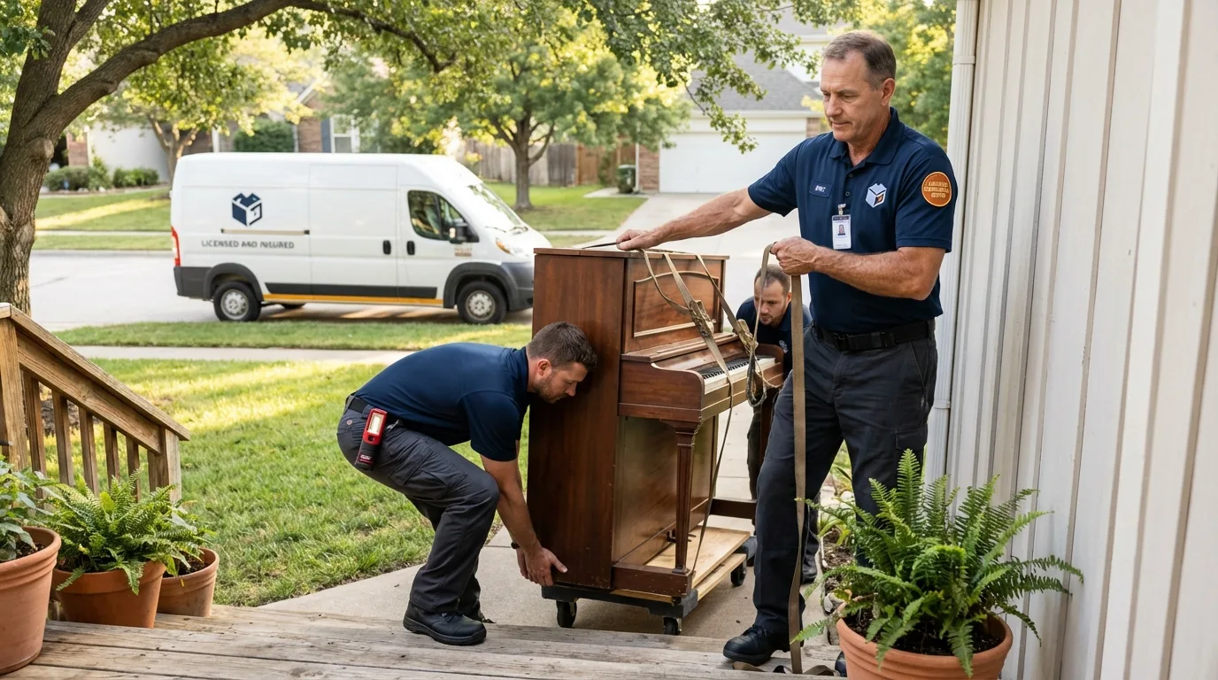 Licensed piano movers securing grand piano in Ventura, CA