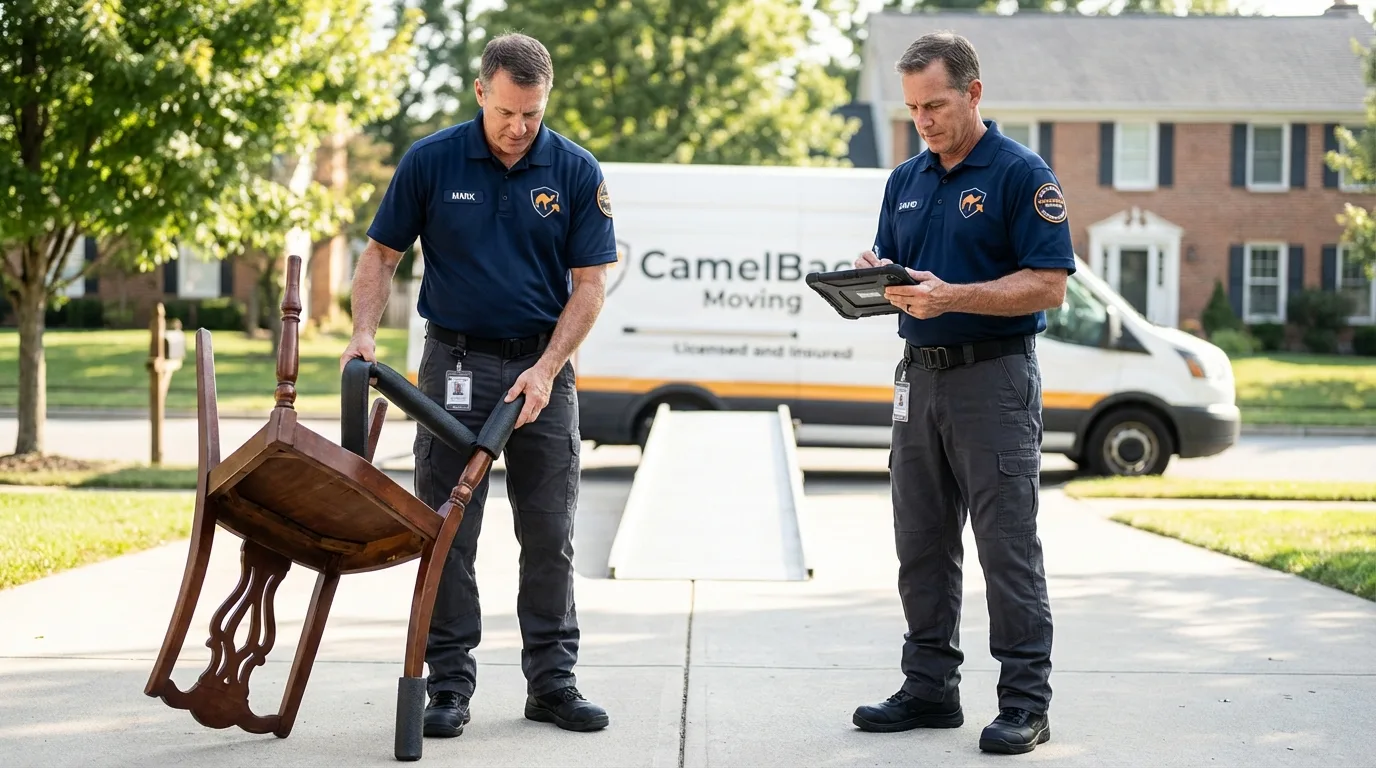 Movers inspecting furniture for damage prevention before loading in Ventura, CA